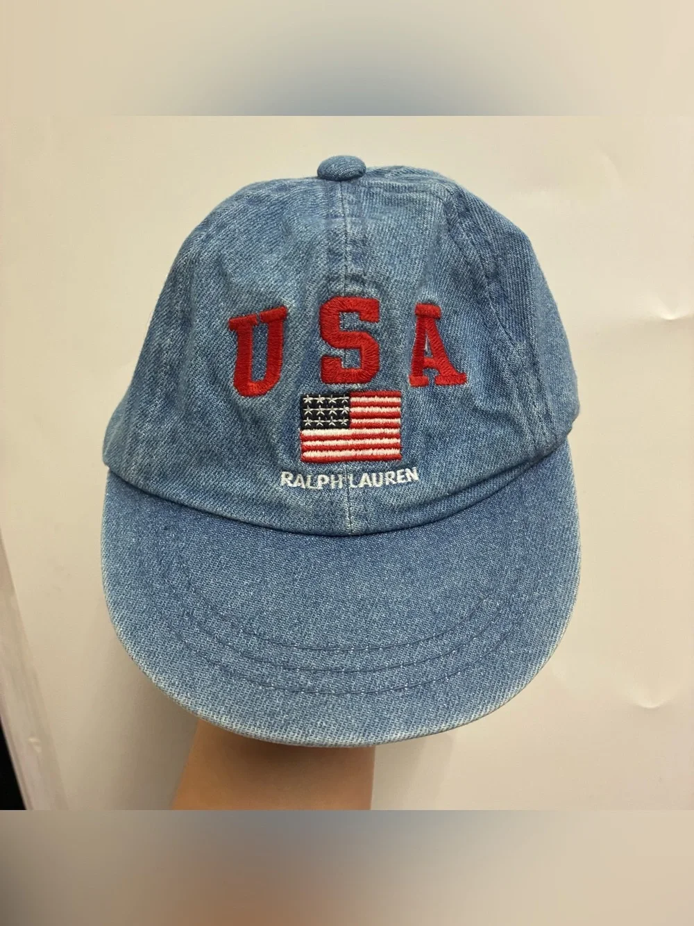 Vintage 90s Ralph Lauren Blue Jean Denim Hat Cap USA Flag One Size Toddler